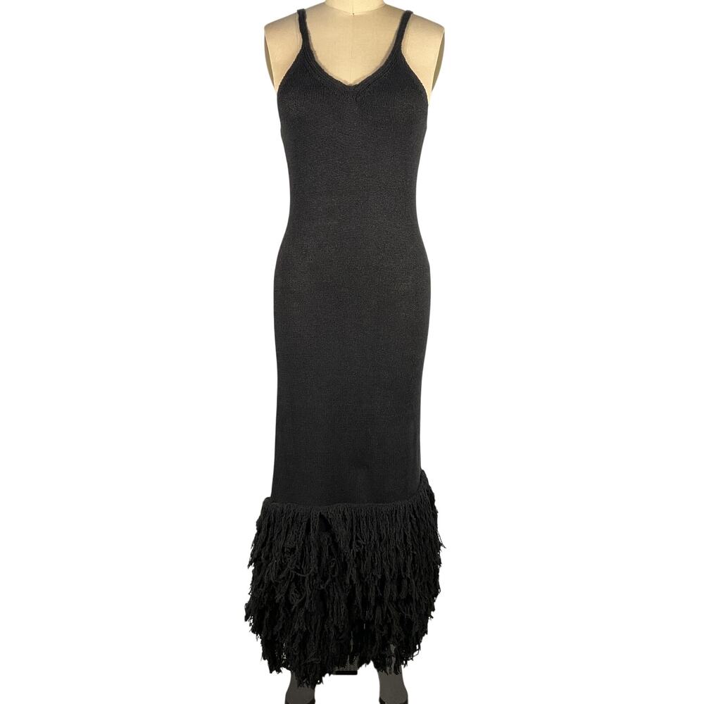 Joostricot Fringed Black Jersey Midi Dress Size S